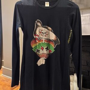 Vintage Ed Hardy by Christian Audigier Rhinestone Pirate Graphic Long Sleeve Tee